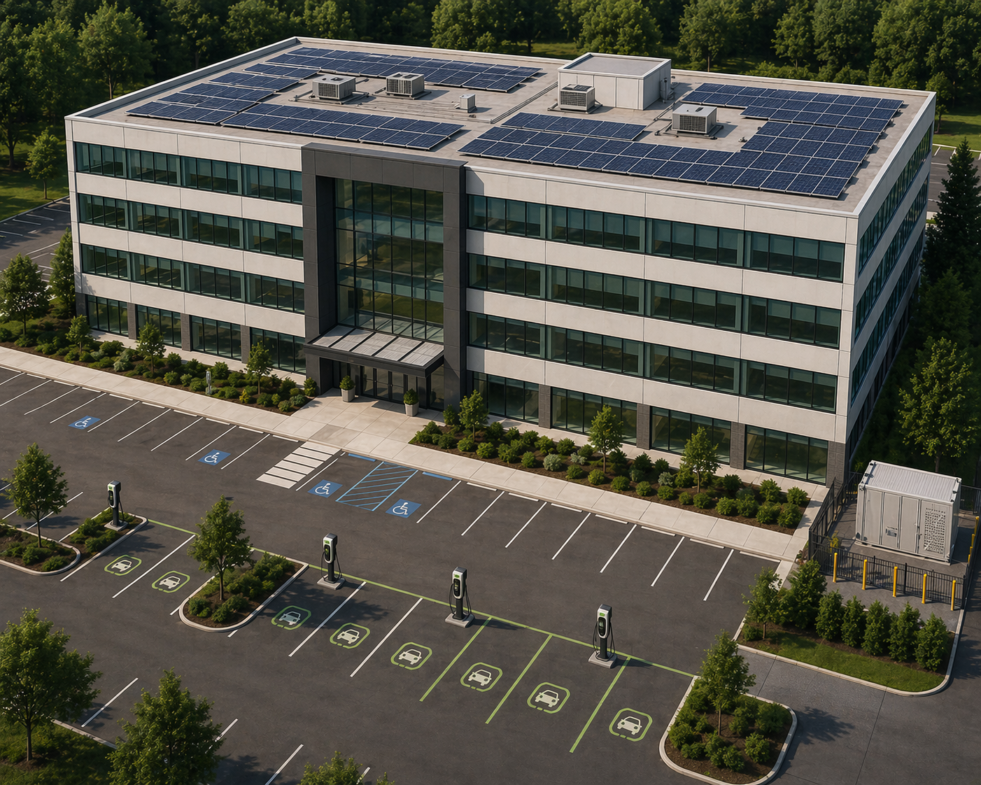 Commercial building with solar panels, battery storage and EV charging installed